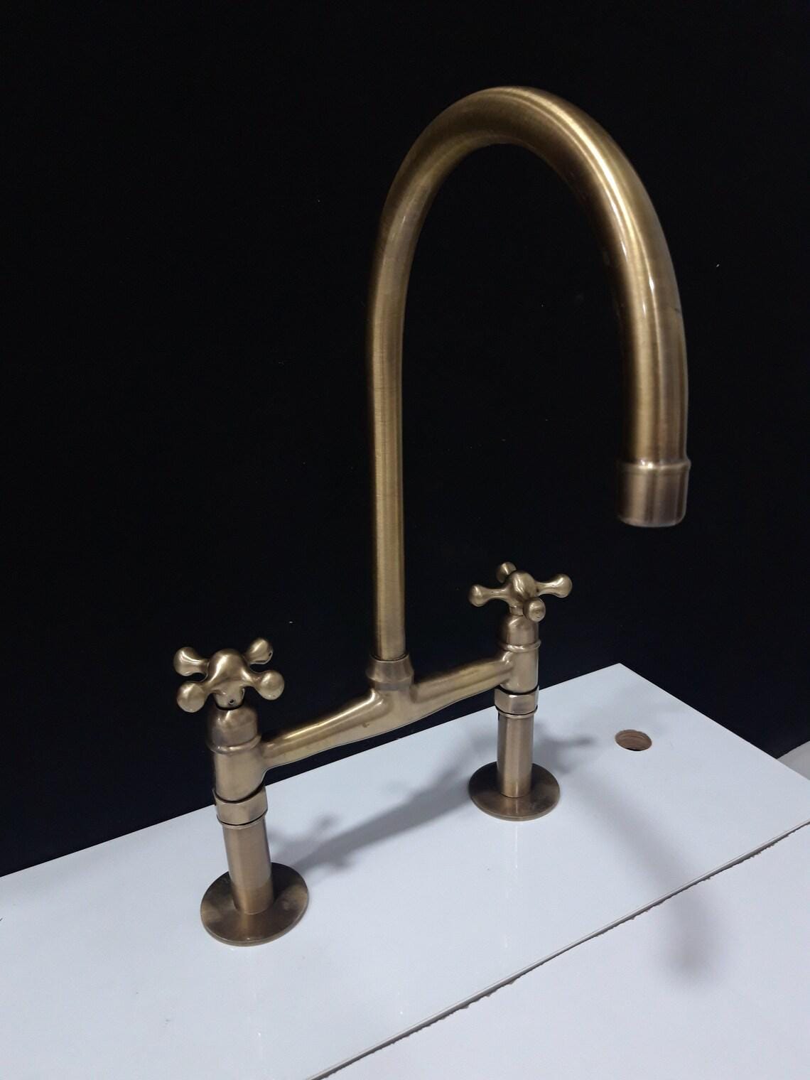 Robinet de cuisine en laiton  bronze non laqué,Robinet à poignées croisées et bec courbé en bronze
