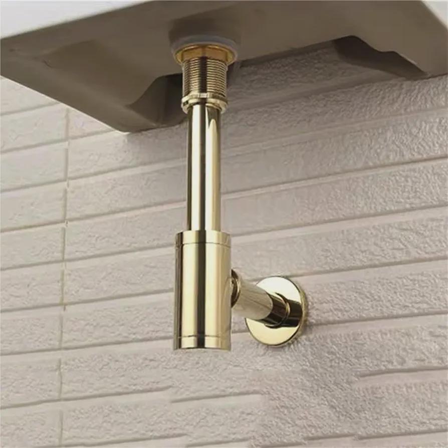 siphon en P, laiton massif, laiton non laqué, drain de lavabo, bouchon escamotable, vidage de salle de bain et laiton brut