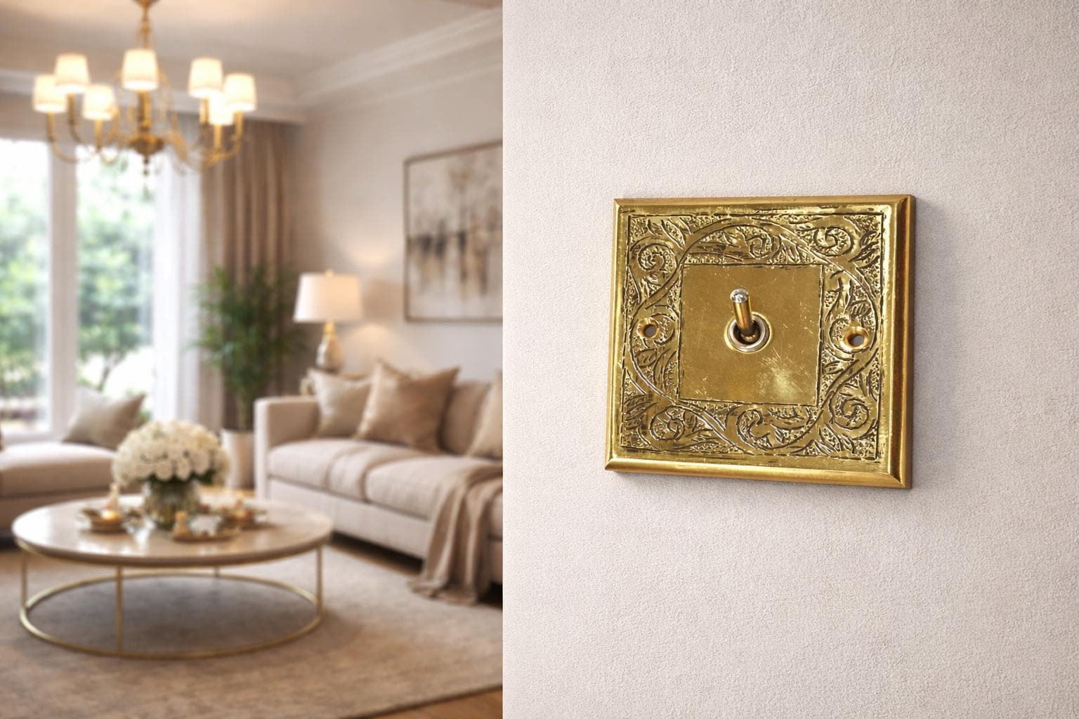 Interrupteur vintage en laiton doré non laqué| Panneau d'interrupteur décoratif gravé et orné | Commutateur en laiton non laqué