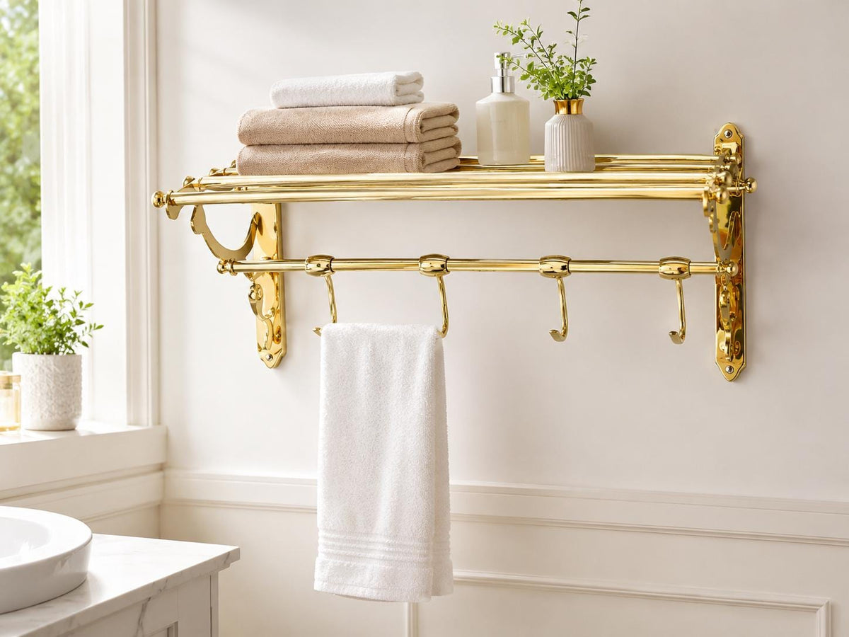 Porte-serviette en laiton massif | Étagère salle de bain vintage luxe avec crochets | Accessoire mural