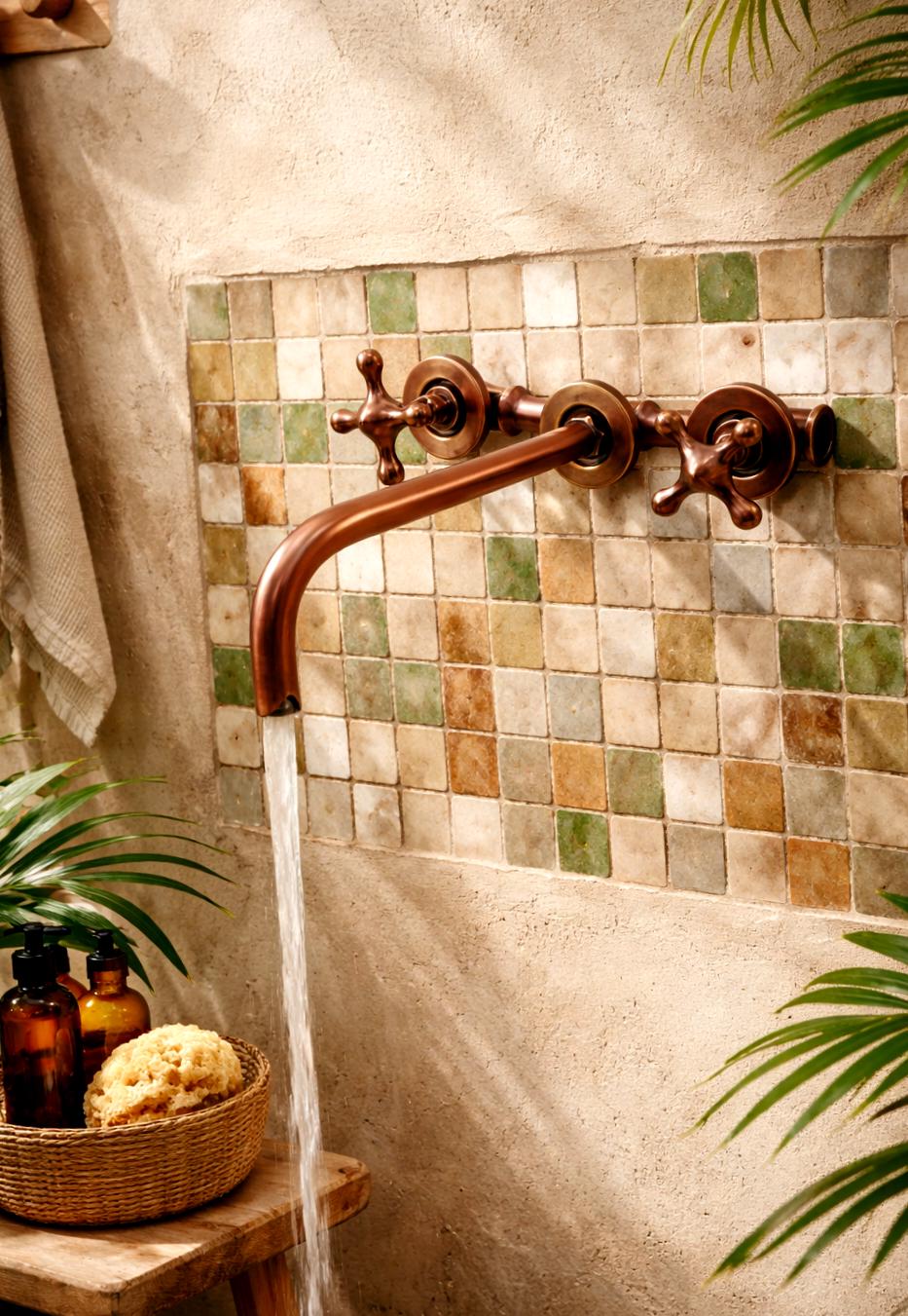 Robinet de salle de bain mural en  cuivre non laqué , robinet de meuble-lavabo mural antique