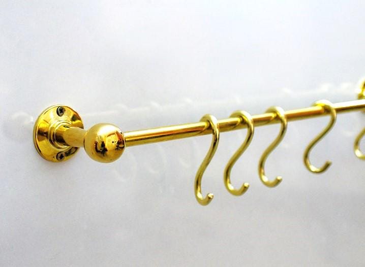 Porte ustensiles en laiton non verni avec crochets mobiles ,barre de cuisine antique en laiton, quincaillerie de cuisine en laiton