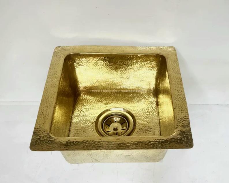 Évier cuisine laiton martelé 40 cm – Lavabo encastré luxe doré – Évier carré en laiton massif – Style moderne haut de gamme