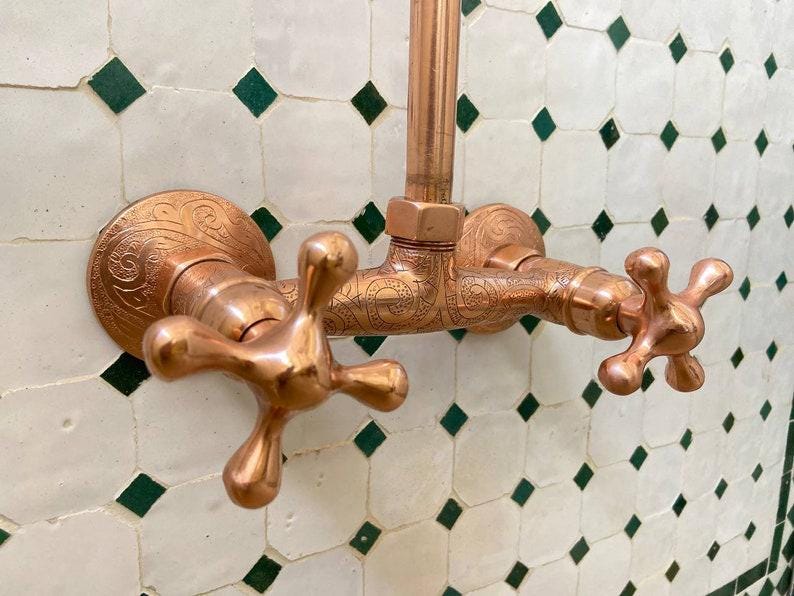 Douche d'extérieur en cuivre massif non verni avec pomme de douche en cuivre,Système de douche en cuivre vintage