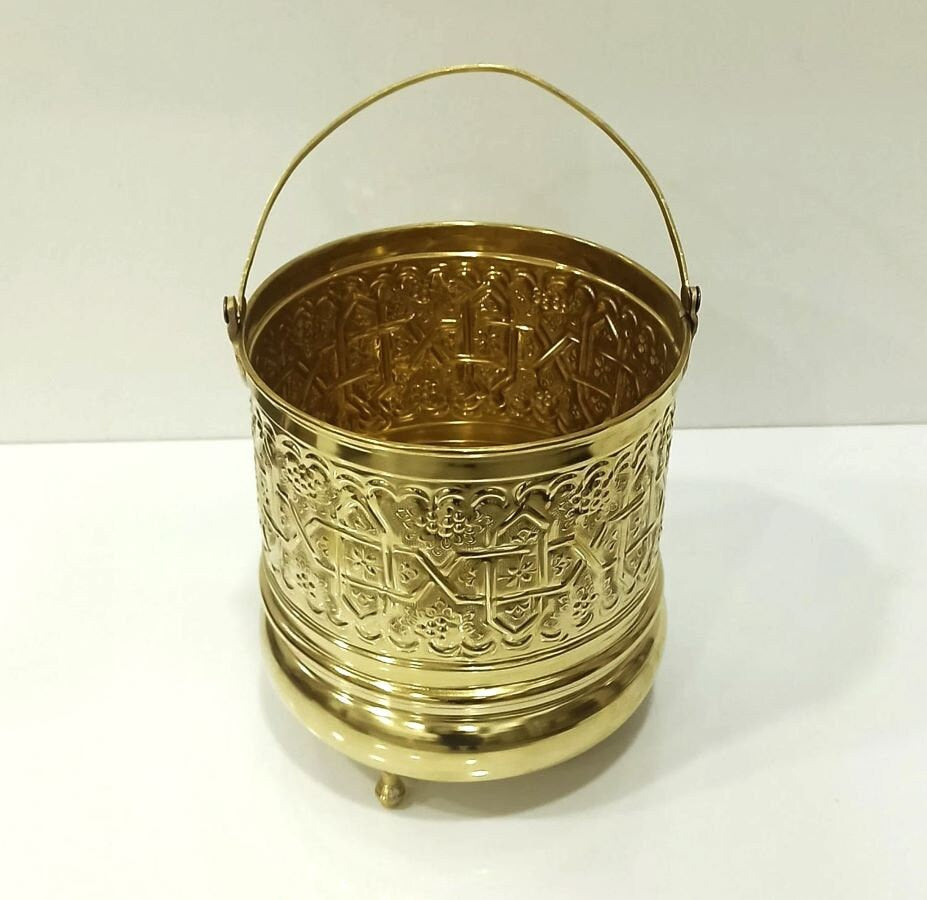 Seau décoratif vintage en laiton non laqué ,Seau de rangement en laiton gravé de 5 litres avec poignée | Seau en laiton de hammam et sauna