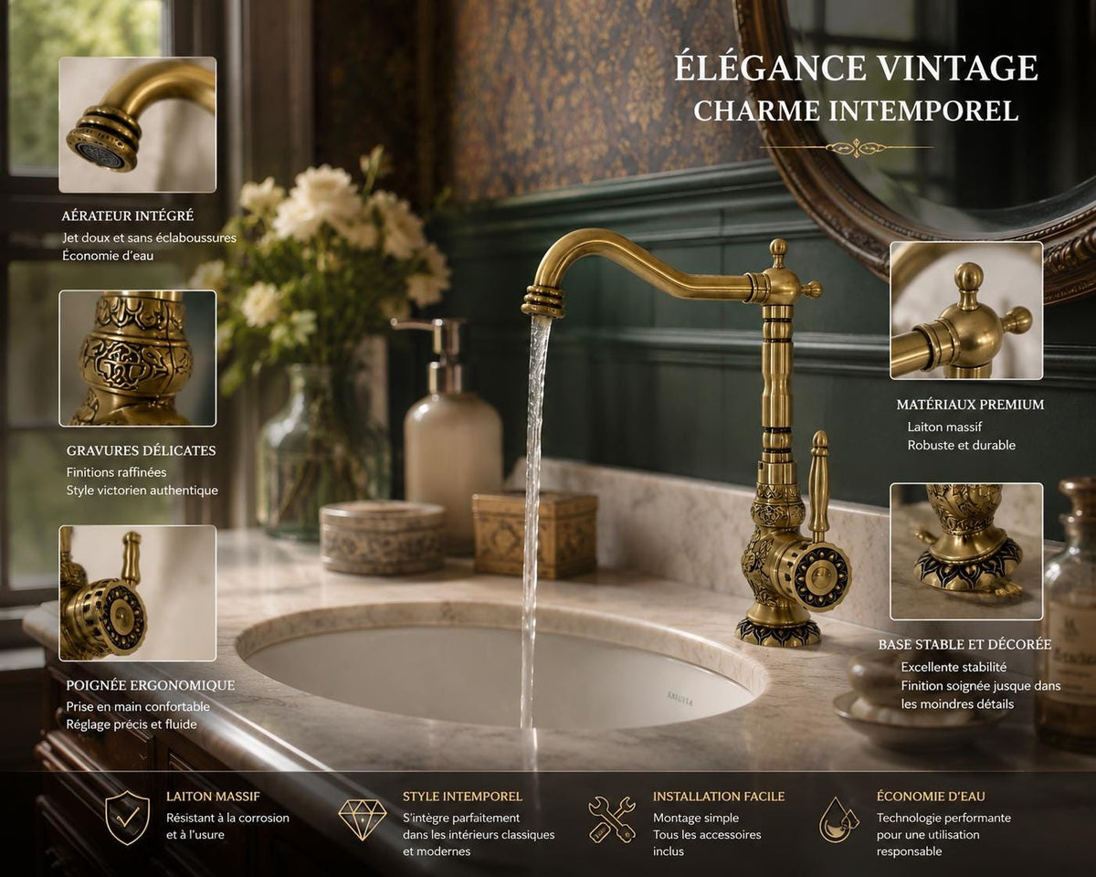 Robinet de Lavabo Antique en Laiton Massif – Design Vintage Élégant-gravé en cuivre -robinet d'évier de cuisine