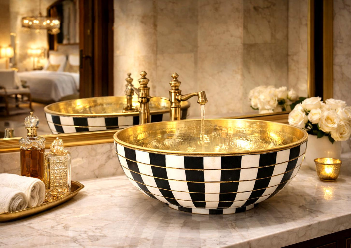 vasque marocaine  artisanal en cuivre et laiton | Extérieur à carreaux noirs et blancs | Lavabo en métal martelé | evier pour salle de bain