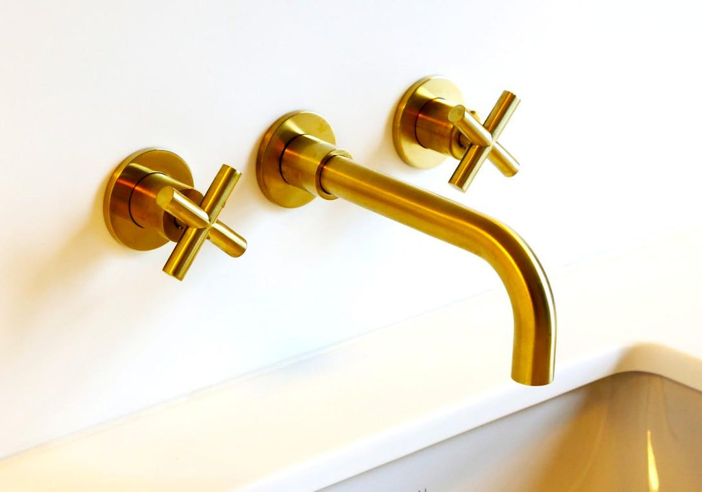 robinet de lavabo mural en laiton de luxe | Mitigeur moderne pour lavabo de salle de bain | Poignées croisées élégantes