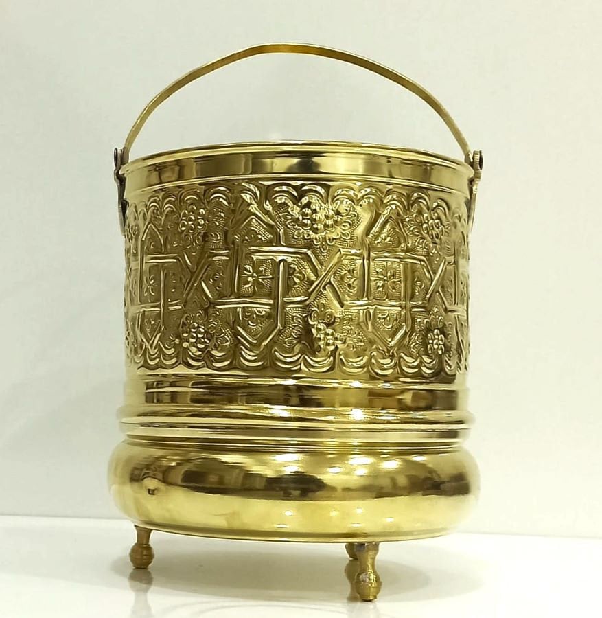 Seau décoratif vintage en laiton non laqué ,Seau de rangement en laiton gravé de 5 litres avec poignée | Seau en laiton de hammam et sauna