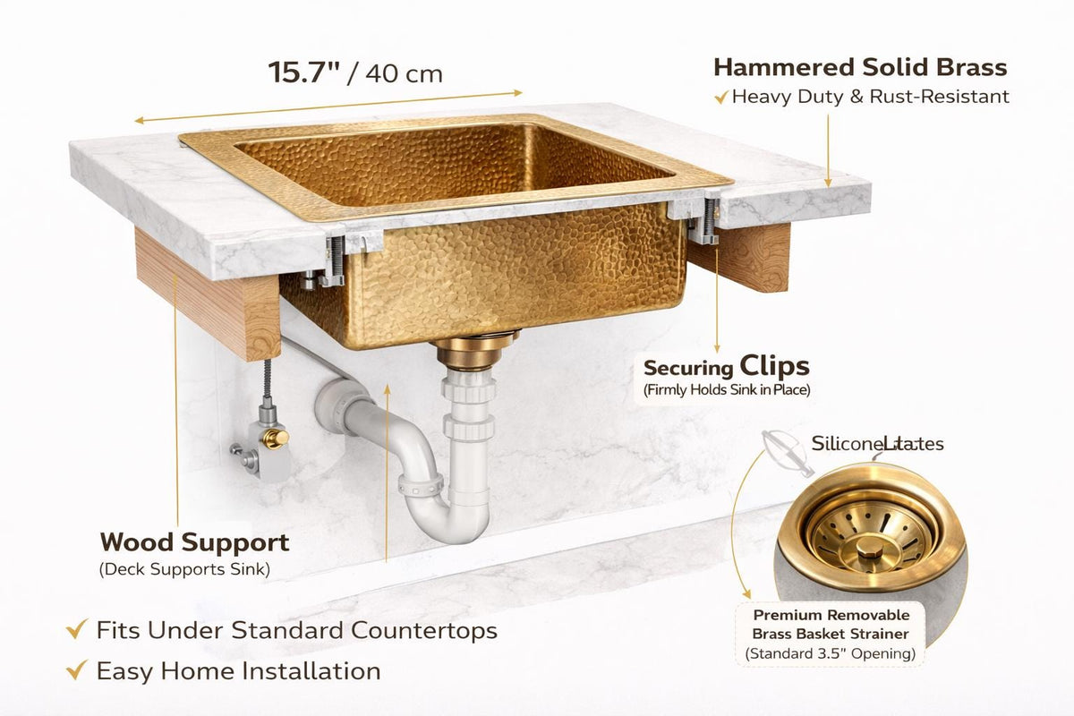 Évier cuisine laiton martelé 40 cm – Lavabo encastré luxe doré – Évier carré en laiton massif – Style moderne haut de gamme