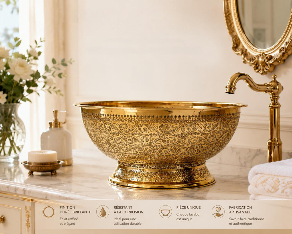vasque marocaine en laiton massif gravé non laqué ,Lavabo fabriqué à la main en laiton non laqué, évier en laiton à poser