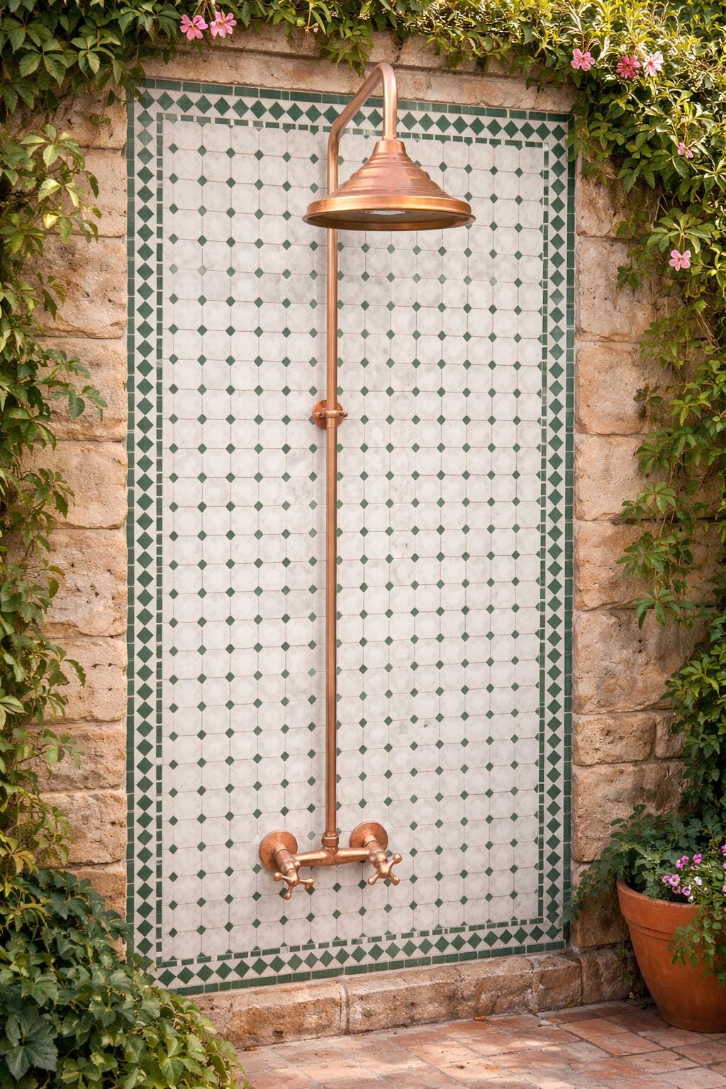 Unlacquered Solid Copper Outdoor Shower with Copper Shower Head, Vintage Copper Shower System