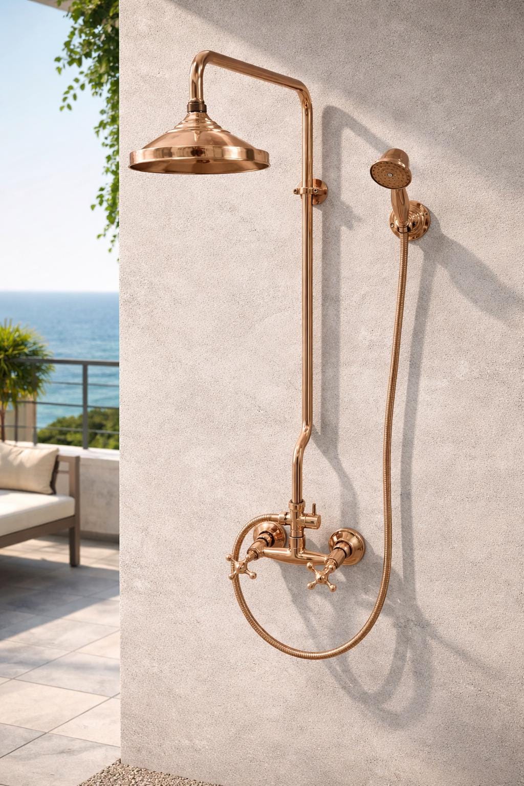 Douche d'extérieur en cuivre massif non verni avec pomme de douche en cuivre,Système de douche en cuivre vintage