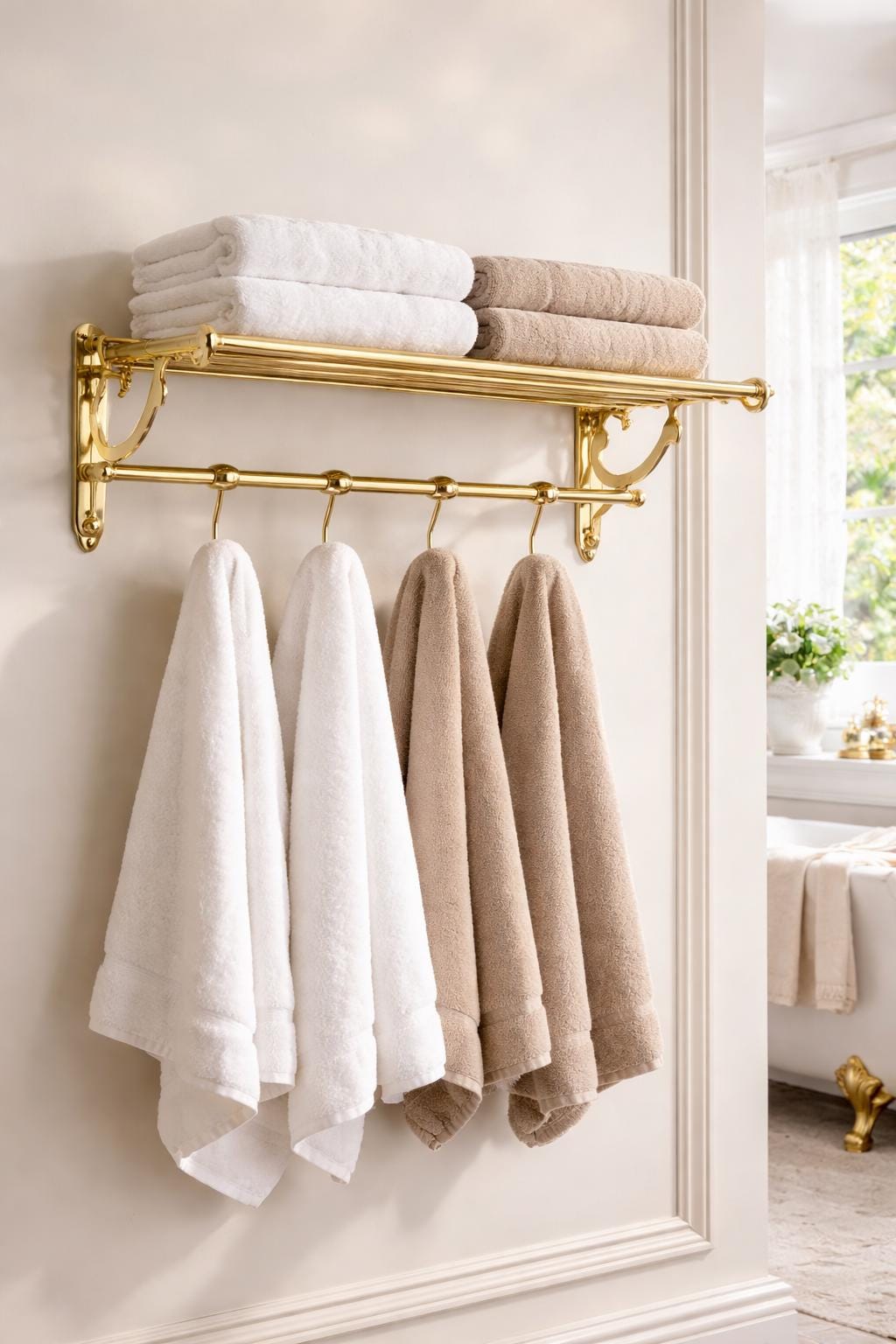 Porte-serviette en laiton massif | Étagère salle de bain vintage luxe avec crochets | Accessoire mural