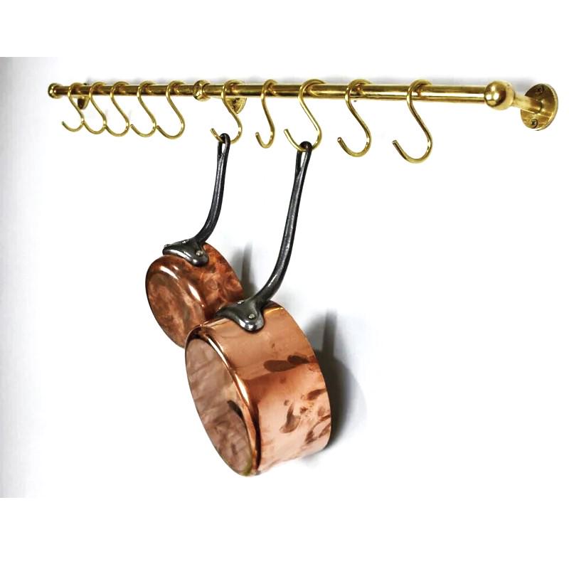 Porte ustensiles en laiton non verni avec crochets mobiles ,barre de cuisine antique en laiton, quincaillerie de cuisine en laiton