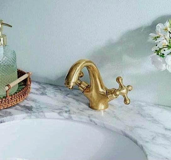 Robinet de lavabo vintage en laiton | Robinet de lavabo classique à poignées croisées,bonde escamotable