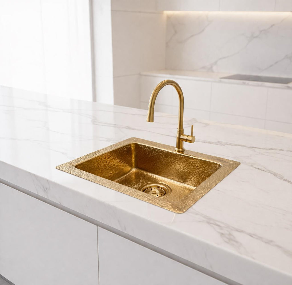 Évier cuisine laiton martelé 40 cm – Lavabo encastré luxe doré – Évier carré en laiton massif – Style moderne haut de gamme
