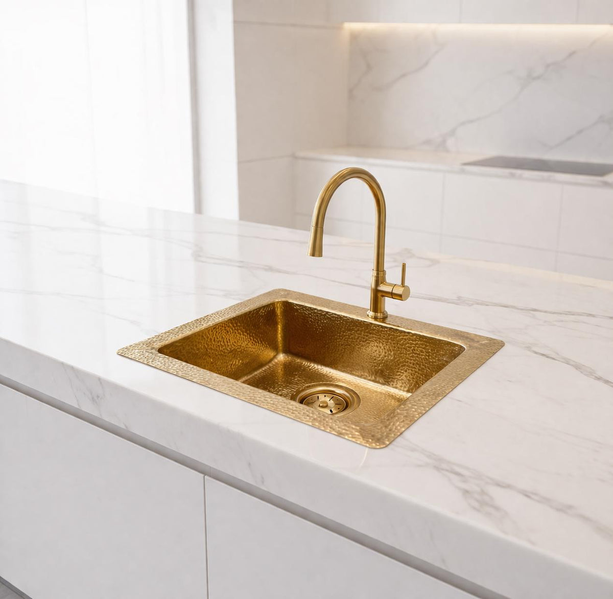 Évier cuisine laiton martelé 40 cm – Lavabo encastré luxe doré – Évier carré en laiton massif – Style moderne haut de gamme