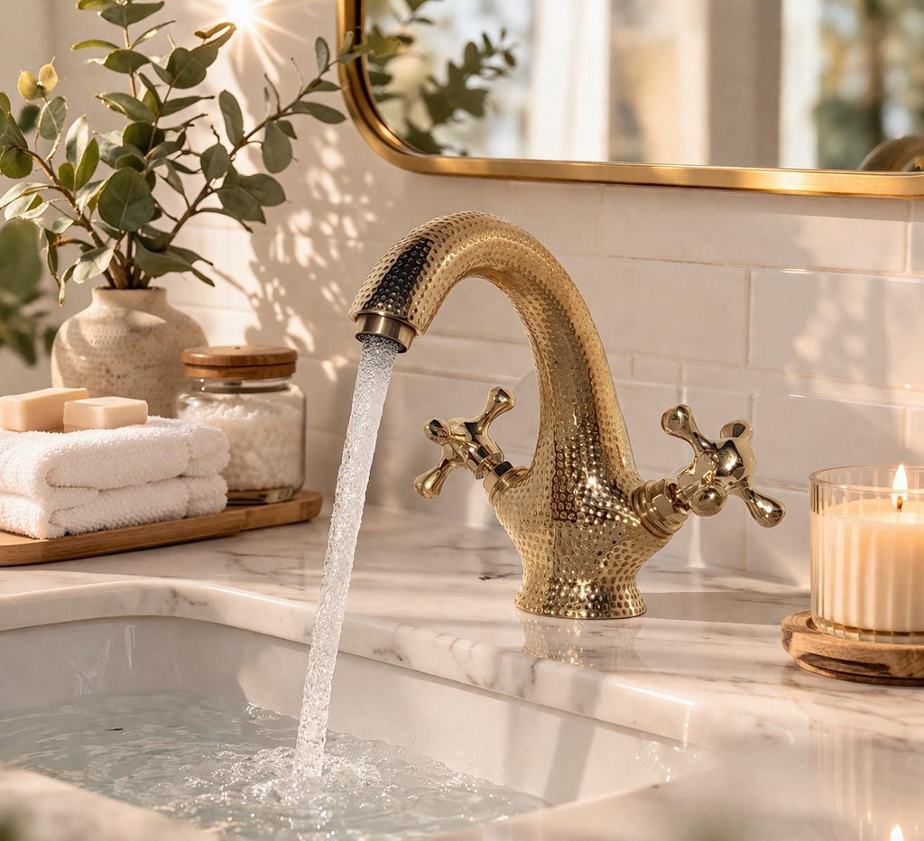 Robinet de lavabo martelé vintage en laiton | Robinet de lavabo classique à poignées