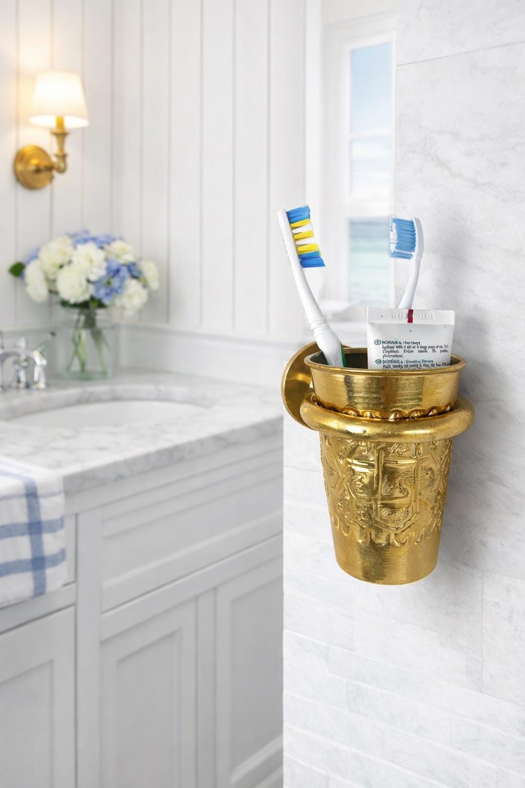 Porte gobelet a brosse a dents ,Porte Brosse à Dents Mural en Laiton Massif – Support Dentifrice Vintage – Accessoire Salle de Bain Luxe