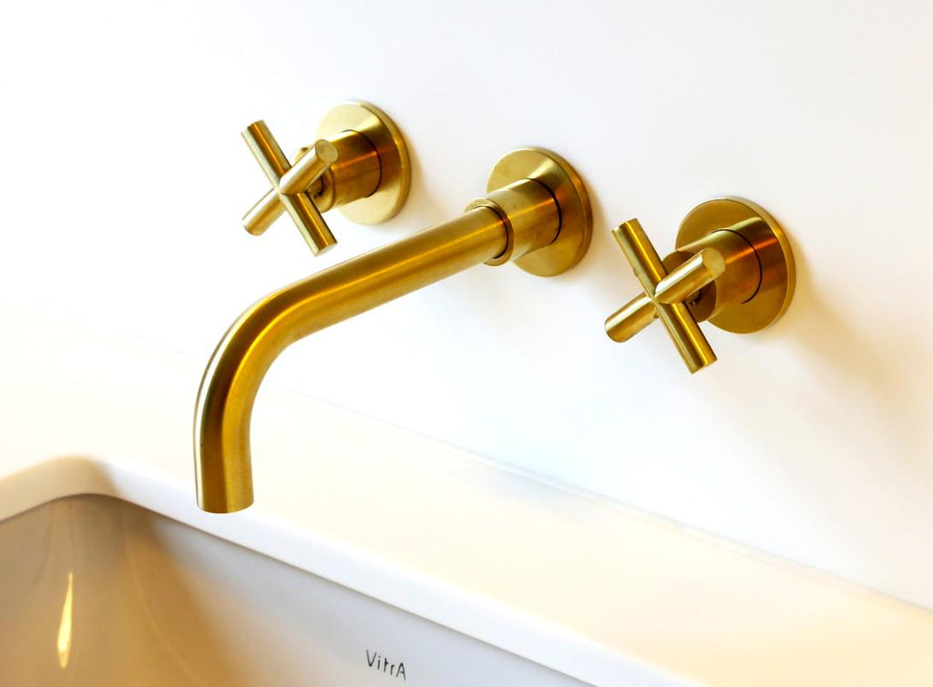robinet de lavabo mural en laiton de luxe | Mitigeur moderne pour lavabo de salle de bain | Poignées croisées élégantes