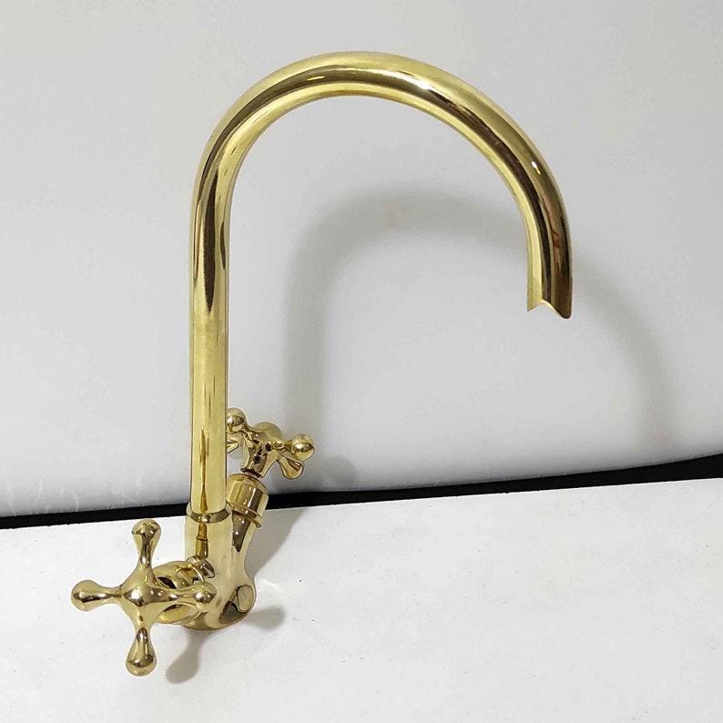 Robinet de lavabo en or poli,Robinet à double poignée avec bec haut,Mitigeur de lavabo en laiton de luxe,Accessoire classique pour la maison