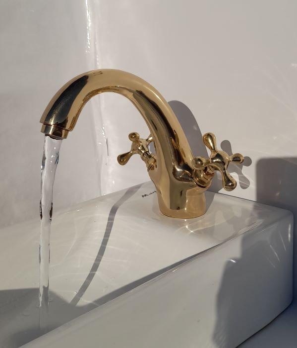 Robinet de lavabo vintage en laiton | Robinet de lavabo classique à poignées croisées,bonde escamotable