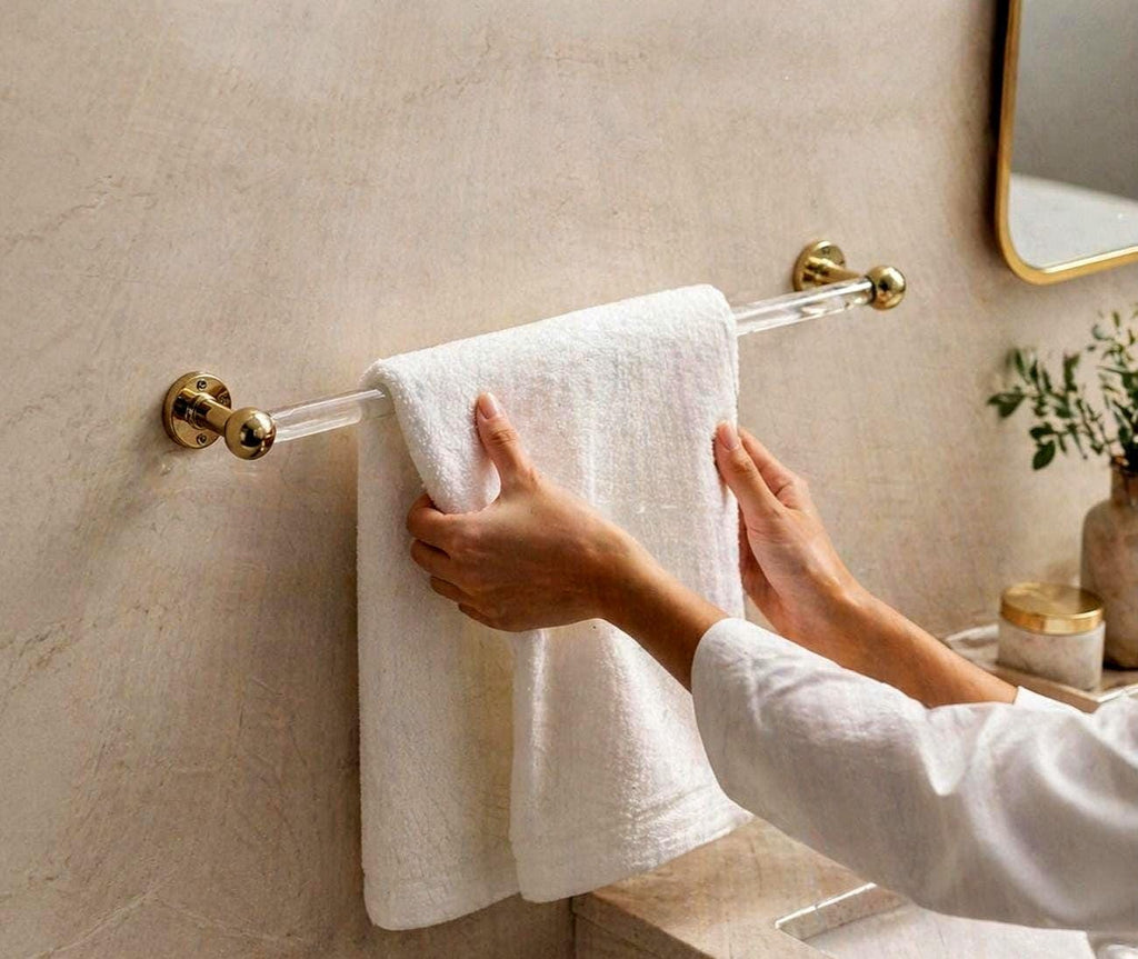 Lucite Acrylic Towel Holder - Lucite and Brass Wall Mounted Towel Holder - Bathroom Accessory