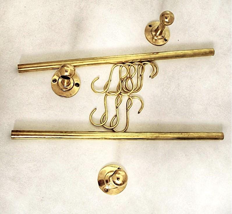 Porte ustensiles en laiton non verni avec crochets mobiles ,barre de cuisine antique en laiton, quincaillerie de cuisine en laiton