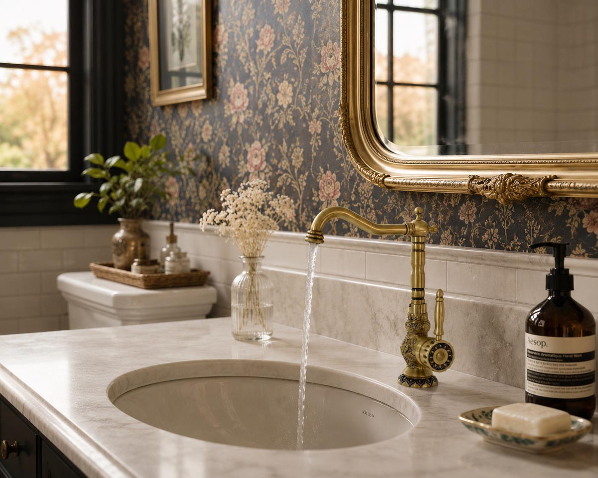 Antique Solid Brass Basin Faucet - Elegant Vintage Design - Copper Engraved - Kitchen Sink Faucet