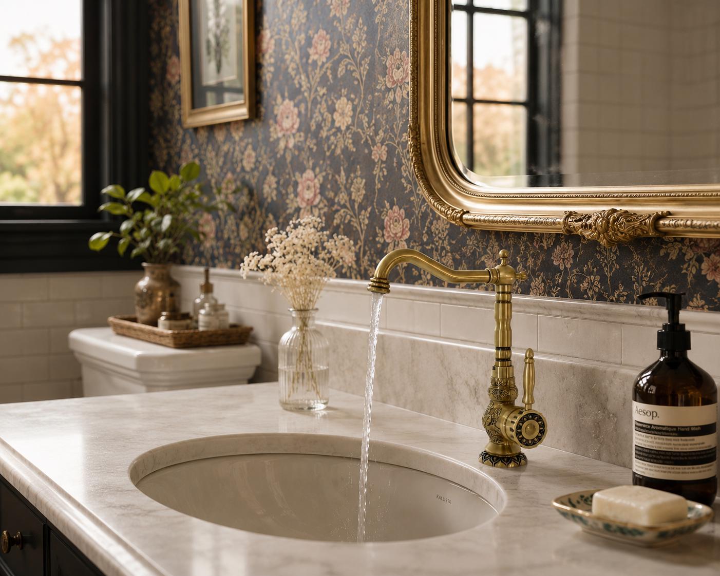 Robinet de Lavabo Antique en Laiton Massif – Design Vintage Élégant-gravé en cuivre -robinet d'évier de cuisine