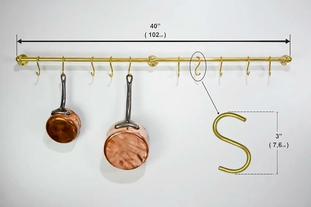 Porte ustensiles en laiton non verni avec crochets mobiles ,barre de cuisine antique en laiton, quincaillerie de cuisine en laiton