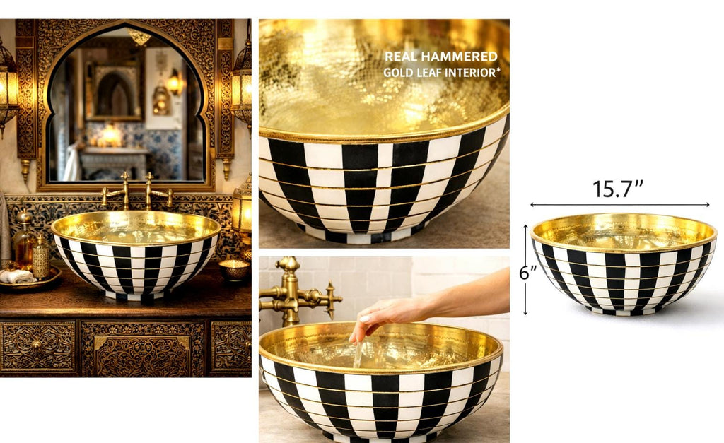 Handcrafted Moroccan copper and brass basin | Black and white tiled exterior | Hammered metal sink | Bathroom sink