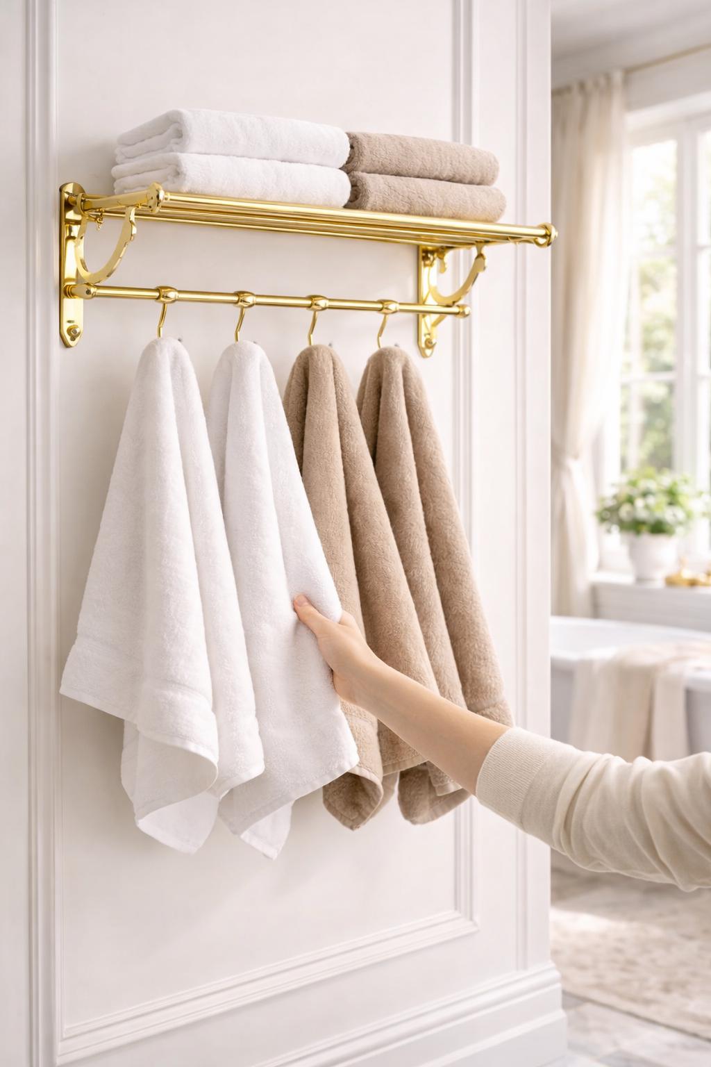 Porte-serviette en laiton massif | Étagère salle de bain vintage luxe avec crochets | Accessoire mural