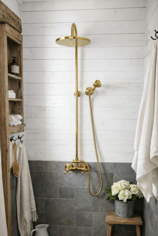Ensemble robinet Douche en laiton  non verni avec pomme de douche en cuivre
