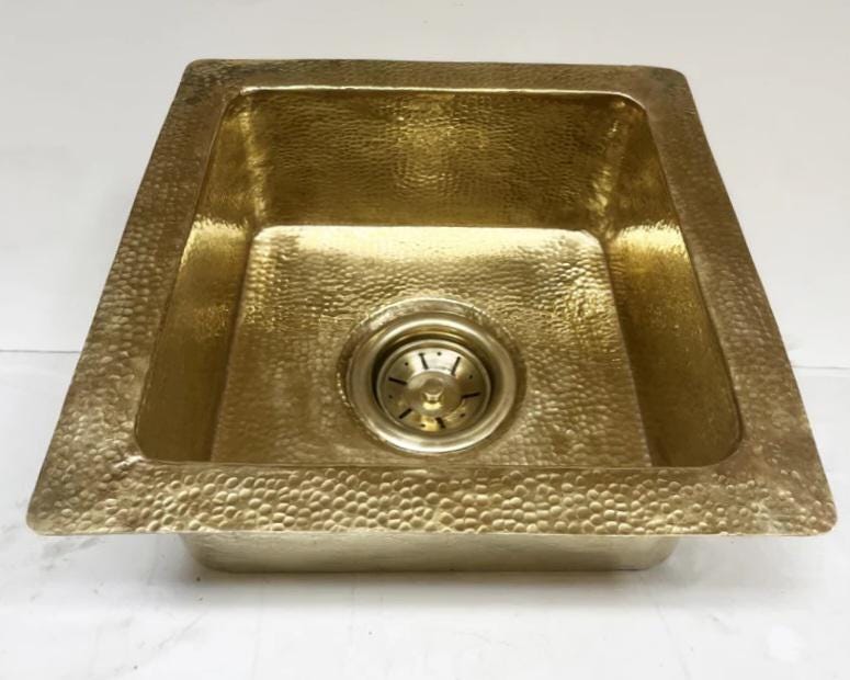 Évier cuisine laiton martelé 40 cm – Lavabo encastré luxe doré – Évier carré en laiton massif – Style moderne haut de gamme