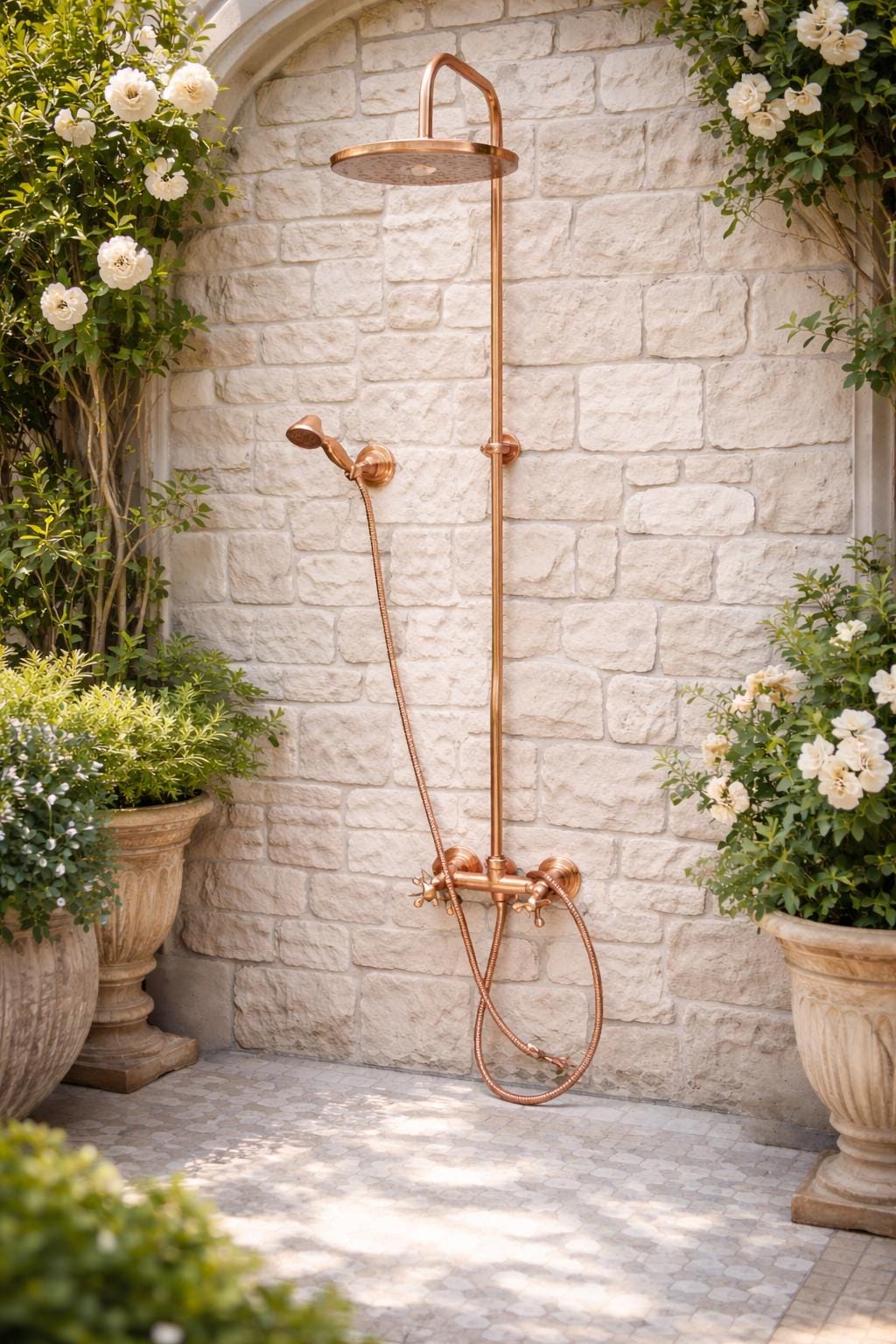 Unlacquered Solid Copper Outdoor Shower with Copper Shower Head, Vintage Copper Shower System