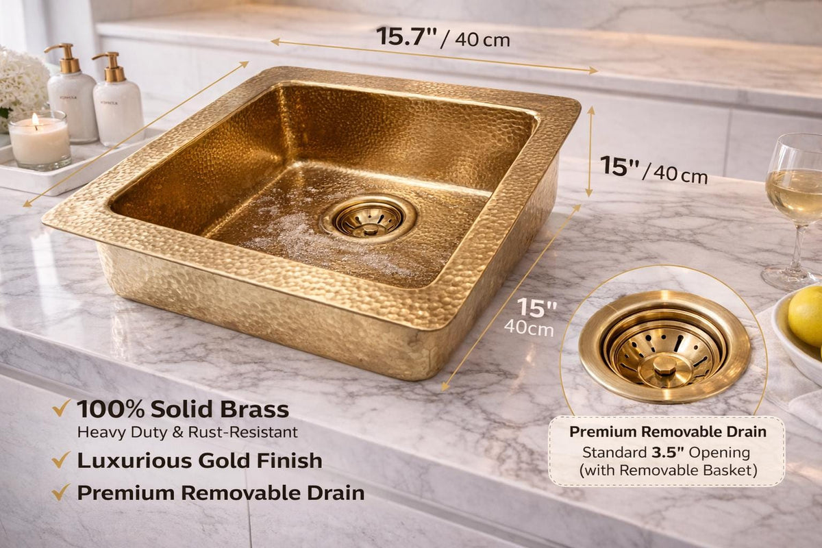 Évier cuisine laiton martelé 40 cm – Lavabo encastré luxe doré – Évier carré en laiton massif – Style moderne haut de gamme