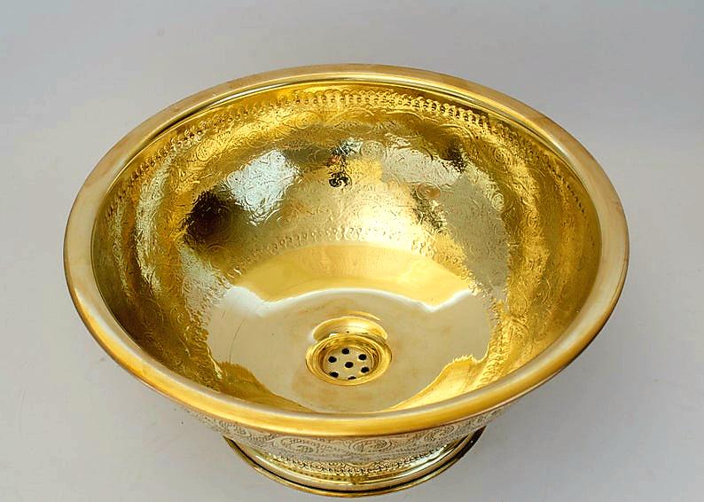 vasque marocaine en laiton massif gravé non laqué ,Lavabo fabriqué à la main en laiton non laqué, évier en laiton à poser