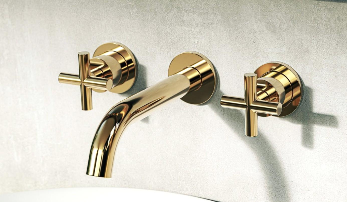 robinet de lavabo mural en laiton de luxe | Mitigeur moderne pour lavabo de salle de bain | Poignées croisées élégantes
