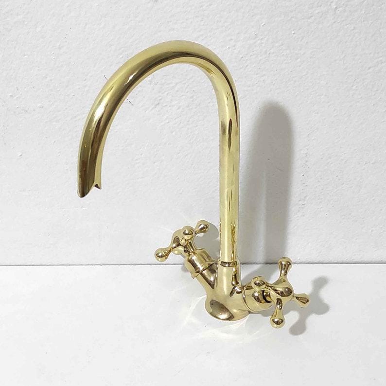 Robinet de lavabo en or poli,Robinet à double poignée avec bec haut,Mitigeur de lavabo en laiton de luxe,Accessoire classique pour la maison