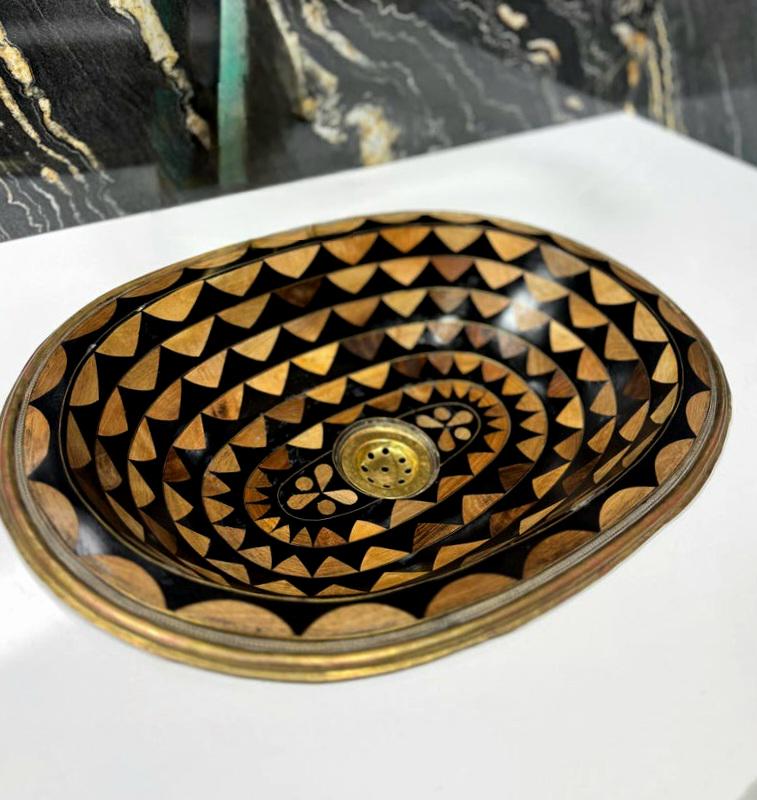 Vasque en laiton marocaine – Vasque à poser en laiton massif et résine – Lavabo artisanal fait main – Salle de bain luxe