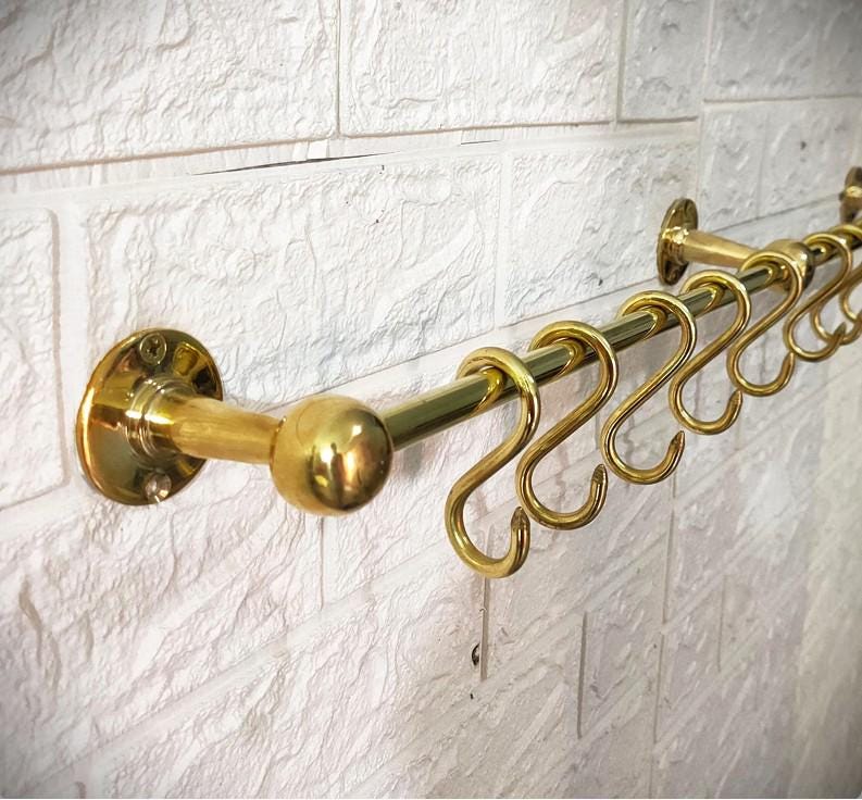 Unlacquered Brass Pot Rack, Antique Brass Kitchen Organizer, Copper Kitchen Hanging Rail with Hooks
