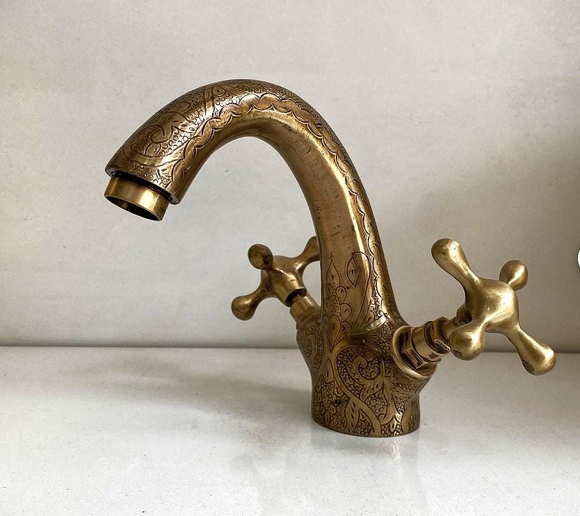 Robinet de salle de bain en laiton et bronze gravé à la main | Robinet d'évier en laiton massif de style antique martelé