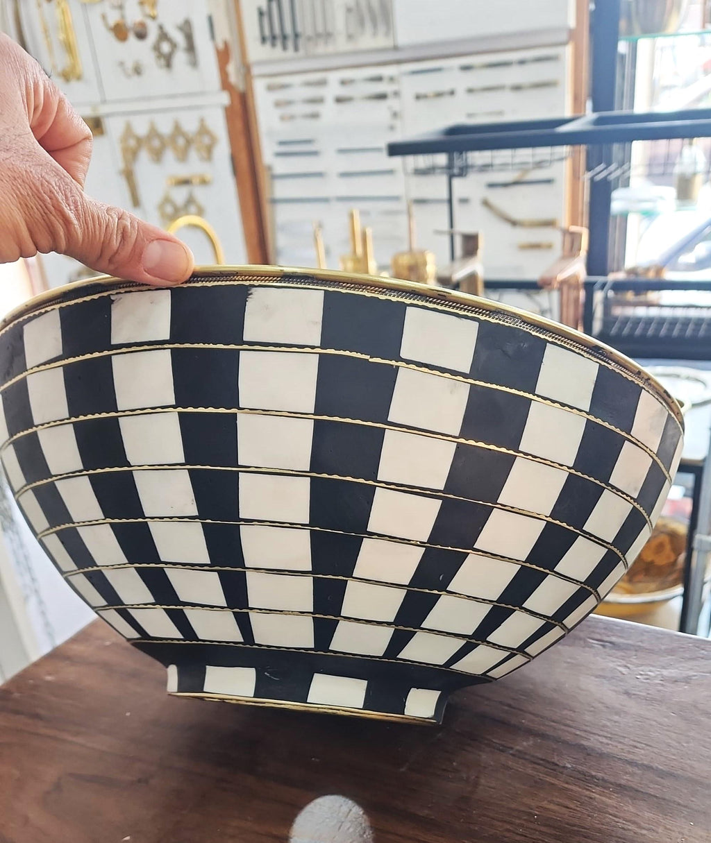 Handcrafted Moroccan copper and brass basin | Black and white tiled exterior | Hammered metal sink | Bathroom sink