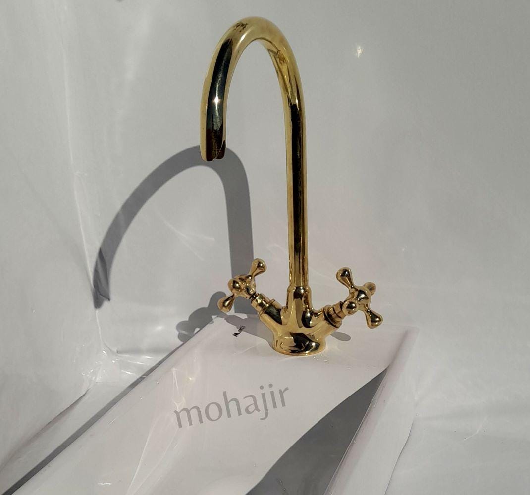 Robinet de lavabo en or poli,Robinet à double poignée avec bec haut,Mitigeur de lavabo en laiton de luxe,Accessoire classique pour la maison