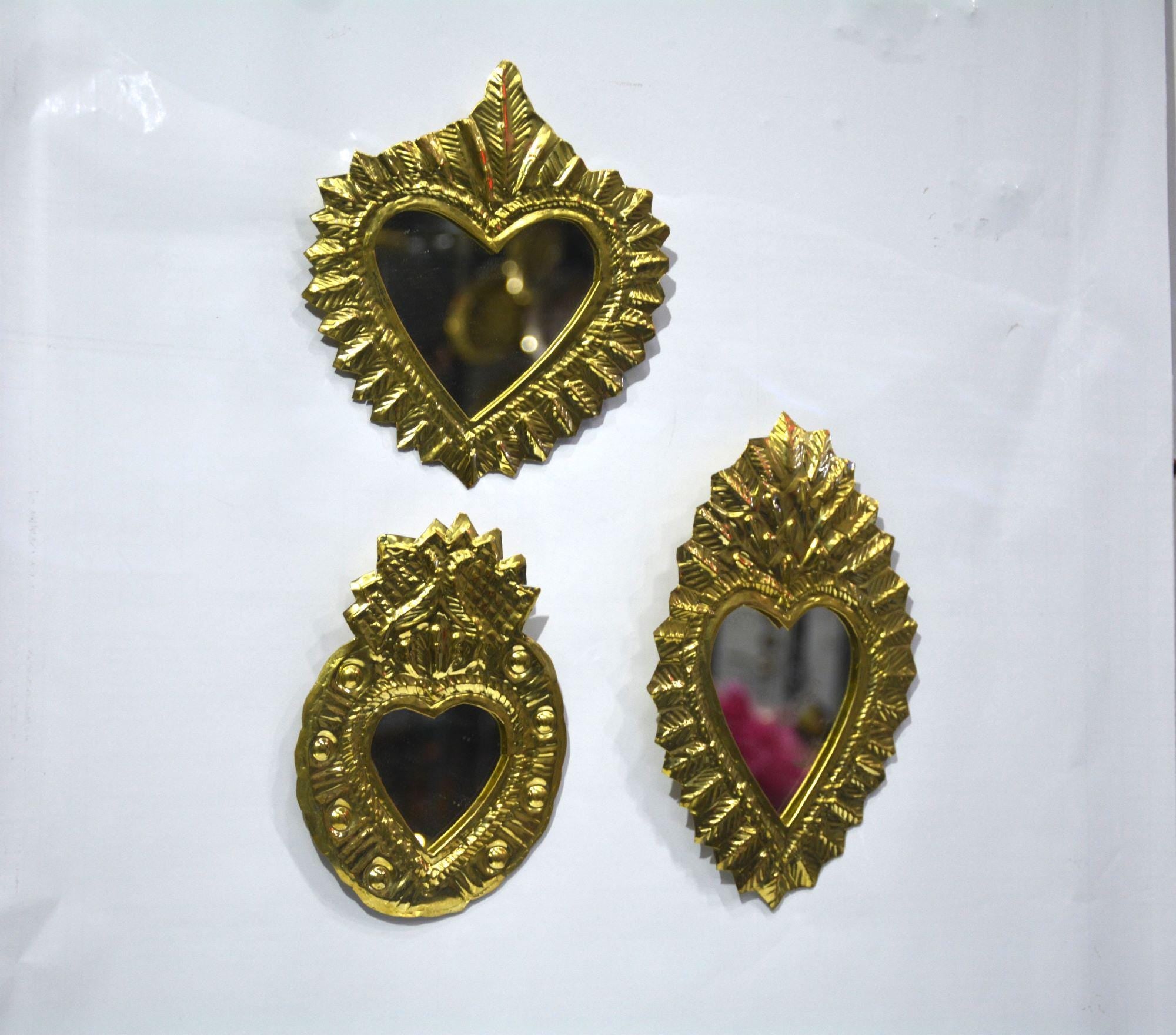 3 Miroirs Suspendus à Chaîne en Métal Cœur Doré, miroirs en laiton fait main ,miroirs bohême