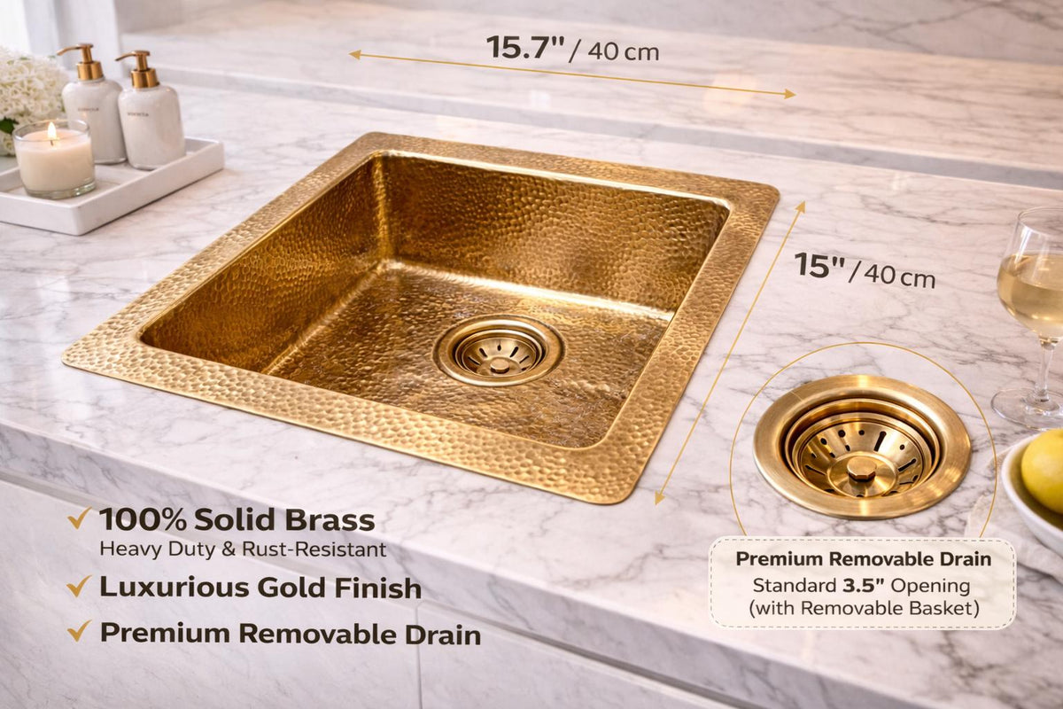 Évier cuisine laiton martelé 40 cm – Lavabo encastré luxe doré – Évier carré en laiton massif – Style moderne haut de gamme