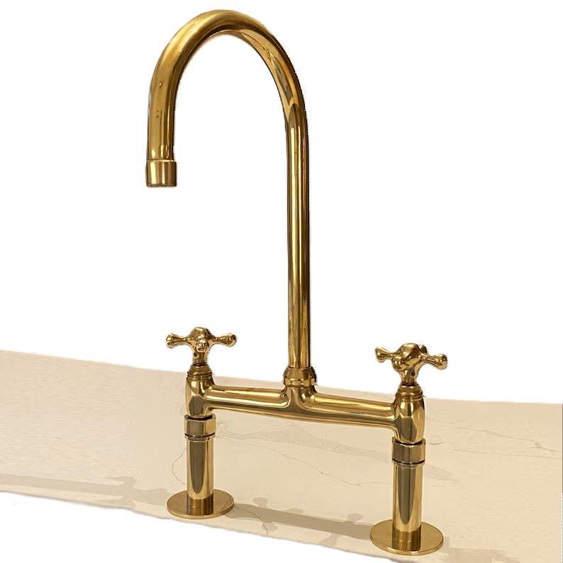 Robinet de cuisine en laiton  bronze non laqué,Robinet à poignées croisées et bec courbé en bronze