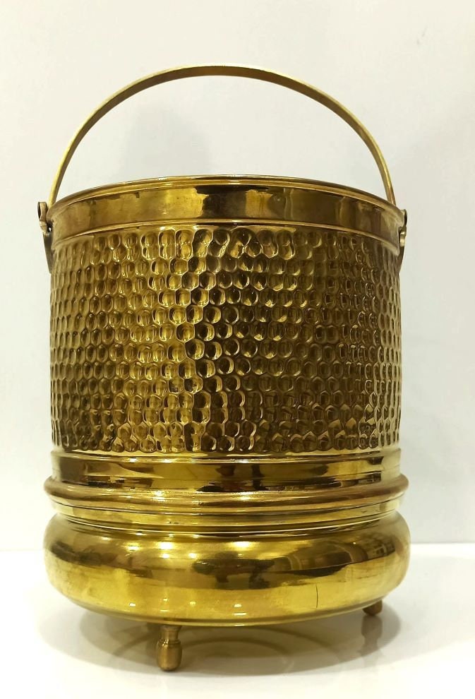 Seau décoratif vintage en laiton non laqué ,Seau de rangement en laiton gravé de 5 litres avec poignée | Seau en laiton de hammam et sauna